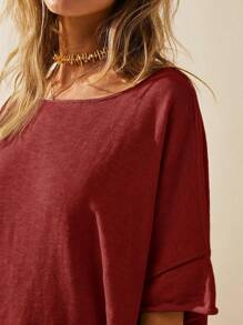 Women's Oversized T Shirt Loose Fit Crew Neck Short Sleeve Side Slit Summer Blouse Top - 酒紅色 - 查看 5