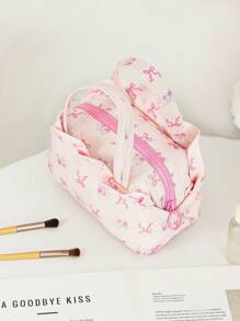 1Pc Pink Bow Knot And Floral Pattern Quilted Multifunctional Cosmetic Organizer Handbag Bath Shower Wallet Pouch Portable Cosmetics Brush Storage Clutch With Zipper Closure For Lipstick, Brush, Skincare, Mobile Phone, Coin, Small Items, For Home, Travel, Vacation And School Use,Makeup Bag Makeup Travel Essentials Travel Accessories Travel Must Haves