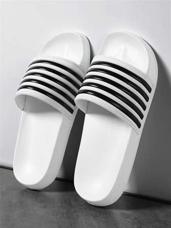 Couple's Simple Fashionable Striped Plus Size Open Toe Slide Sandals, EVA Soft Bottom Indoor Outdoor Beach Slippers, Size 36-50 Fits Men And Women