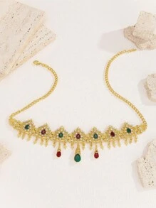 1pc Gold Rhinestone Glamorous Women's Headchain, Teardrop Tassel Bridal Jewelry Set, Suitable For Women's Wedding, Party Wear