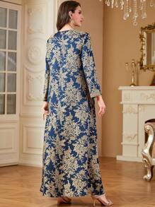Arabic Jacquard Embroidery Beaded Elegant Fashionable Dress - Royal Blue - View 3