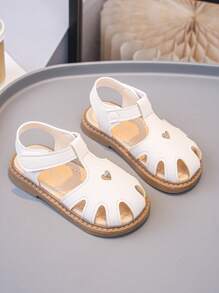 1 Pair Baby Girls Beige Hook And Loop Sandals, Comfortable Versatile Cute Outdoor Beach Shoes For Summer - Beige - View 2