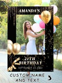 1件定制生日派对拍照背景横幅 - 涤纶镂空设计，黑金风格，适合难忘的庆祝活动、节日装饰 | 趣味生日标牌 | 装饰，生日派对装饰，母亲节毕业典礼，多功能，装饰性强，可重复使用，精致，时尚，高品质，色彩丰富，现代，可定制，个性化，独特，家居焕新，定制派对背景，家居生活，打造难忘的家，纪念品