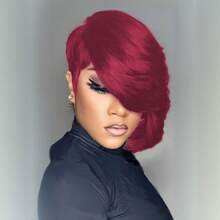 Krótkie peruki dla kobiet z ludzkich włosów, fryzura pixie z grzywką na bok, kolor czekoladowy brąz, czarny, 99J, bordowe peruki pixie dla kobiet, w pełni maszynowo wykonana peruka z ludzkich włosów, peruka bezklejowa, peruka bez koronki z przodu, fryzura warstwowa, krótkie peruki na kostiumy na Halloween, do codziennego użytku