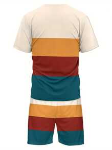 Men's Casual Color Block Short Sleeve T-Shirt And Shorts Set, Summer