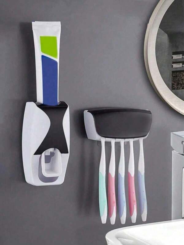 2pcs(1 Sets) Automatic Toothbrush And Toothpaste Dispenser, Wall Mounted Toothpaste Squeezer, And Toothbrush Holder Set, Fully Automatic Toothbrush Holder+Toothbrush Holder Set, Non Perforated Wall Mounted 5-Hole Toothbrush Holder, Suitable For Children, Families, And Bathrooms, Mother's Day Gift
