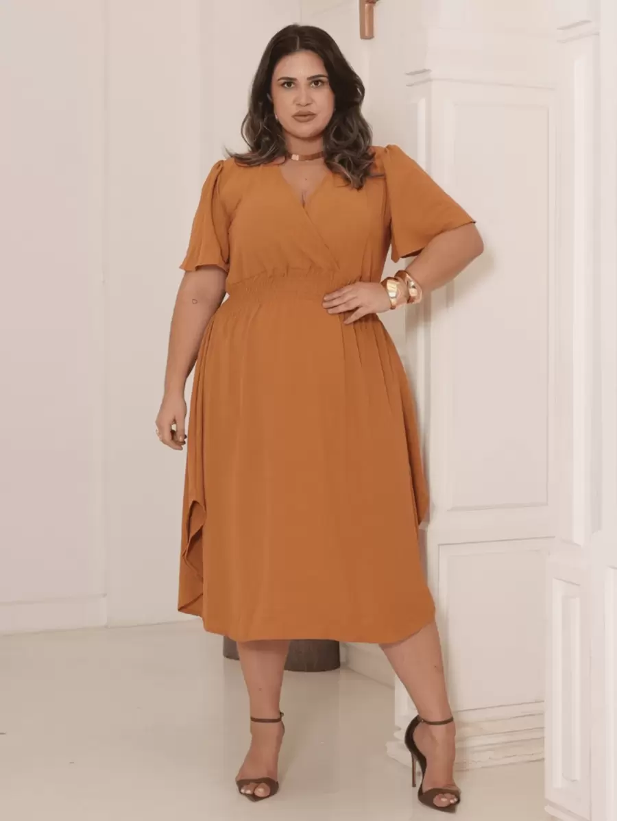 Women's Plus Size Midi Dress Wrapped Short Sleeve Duna Elegant Casual - 駝色 - 查看 1