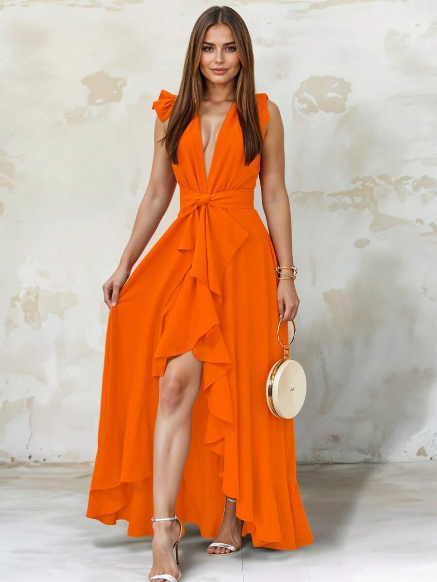 Women's Elegant Off Shoulder Deep V Neck Ruffle Leg Slit Maxi Dress - Orange - View 1