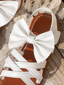 Girls Flat Sandals With Striped Woven Strap & Bow Decor, Lightweight Anti-Slip Comfortable Fashionable For Outdoor Play, Home, Beach, Vacation - White - View 6