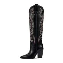 Botas altas de vaquera hasta la rodilla para mujer con punta bordada, tacón ancho y fácil de poner - Botas occidentales retro altas