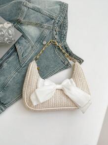 Fashion Solid Color Metal Chain & Straw Crescent Moon Women's Multifunctional Handbag With Bow, Scarf Decoration, Casual Straw Beach Bag, Clutch Purse, Cute Bow Bag For Women