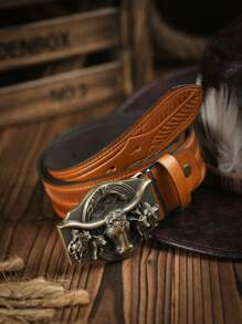 1pc Western Cowboy Style Bull Head Buckle Leather Belt, Fashion PU Material Unisex Retro Belts, 4 Colors Available - Ox - View 4
