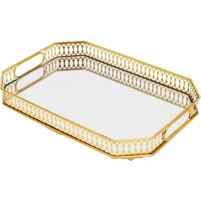 SENDERPICK Gold Serviertablett aus Eisen & Glas – Modernes Tablett mit erhöhtem Rand & Griffen für Obst, Schmuck & Deko | Rostfrei, pflegeleicht | Ideal als Geschenk für Hausparty, Hochzeit oder Weihnachten