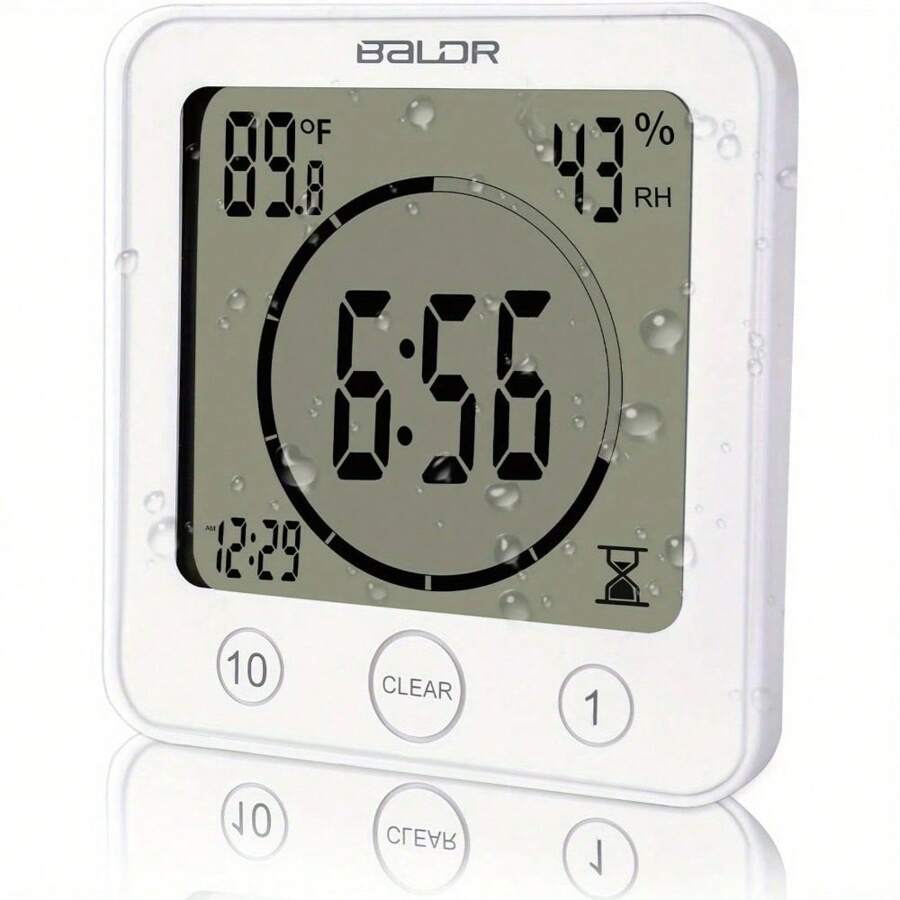 Bathroom Clock Waterproof Digital Shower Clock With Suction Cup Alarm Temperature Humidity Hygrometer Thermometer Countdown Timer For Bathroom Kitchen Mini Hanging Hole Stand Clock - White - View 1