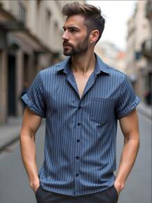 Camisa de botones para hombres camisa de manga corta sin arrugas camisa de rayas casuales blusa con camisa de bolsillo - Neblina azul - Ver 2