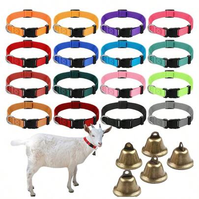5pcs Adjustable Nylon Collar With Goat Copper Bells:Noisy Bronze Bells For Anti-Lost Pet Farm Animals,Suitable For Sheep,Cattle,Horse,Pet Dogs