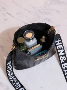 1pc Alligator Pattern Bucket Bag, Wide Strap Crossbody Bag, Mini Diagonal Shoulder Handbag Wallet For Women, Daily, Date, Travel - Black - View 7