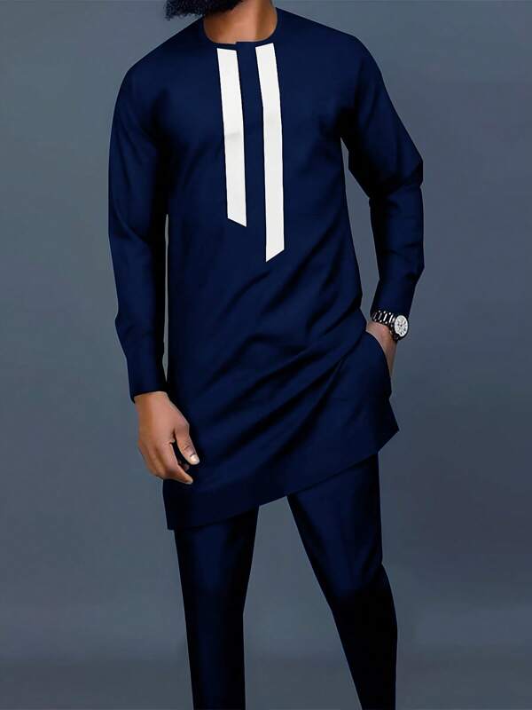 2pcs Men's Blue Dashiki Print Long Sleeve Round Neck Striped Loose Fit Shirt & Elastic Waist Pants Set, African Fashion, Casual Outfit For Streetwear, Party, Date