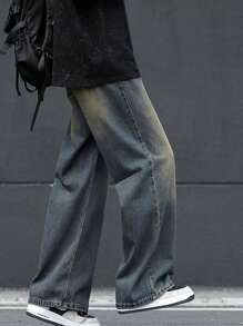 Teenaged Boys' Casual Wide Leg Straight Jeans With Cat Whiskers Design, Loose Fit Denim Pants For Youth And Pre-Teens