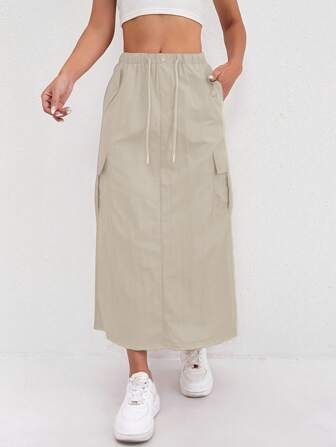 1st High Waist Utility-kjol, Y2K Style, Dam, Enfärgad polyester A-line mellanlång kjol med fickor, normal passform, främre slits nederkant, modekjol för alla årstider, med dragsko i midjebältet