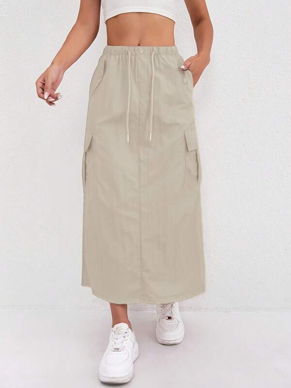1pc High Waist Utility Skirt, Y2K Style, Women, Solid Color Polyester A-Line Mid-Length Skirt With Pockets, Regular Fit, Front Slit Hem, Fashion Skirt For All Seasons, With Drawstring Waist Belt