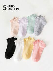 Multi-Pairs Women Crew Socks, White/Black/Yellow Ruffle Edging, Fashion Simple Casual Everyday Versatile Soft Comfortable Moisture-Wicking, Great For Mother's Day - Multicolor - View 1