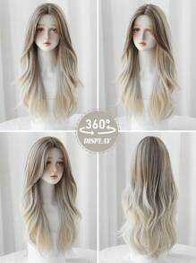 Gradient Long Curly Grey Mixed Brown Wig For Women Soft Loose Wave Wig With Curtain Bangs Fluffy Natural Synthetic Heat Resistant Fiber For Charming Girls Daily Party Use 26 Inch