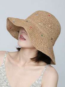 1pc Women's Handwoven Straw Summer Hat, UV Protection Foldable Beach Sun Visor Hat For Outdoor, Holiday - Multicolor - View 6