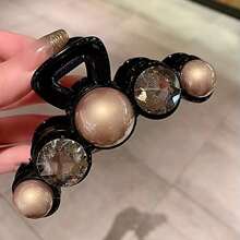 1pc New Pearl Crystal Rhinestone Hair Claw, Oversized Shiny Hair Claw Clips - Black - View 6