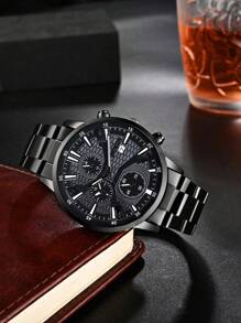 时尚男士石英表套装，带日历功能，锌合金表壳和表带，圆形表盘，电子机芯，指针显示，包含吊坠项链、手链和戒指。是理想的生日礼物，适合日常佩戴，也适合生日、派对、节日聚会等场合，送给自己或朋友都很合适。不含包装盒。 - 黑色 - 查看 5