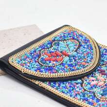 1 件女式 PU 皮革磁扣花卉装饰仿珍珠钱包独特民族风格单肩包带可调节肩带手机包女士钱包迷你钱包钱包长钱包 - 寶藍色 - 查看 3