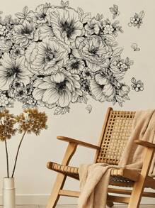 1pc Home Decorations Black Flower Wall Sticker, Modern Floral Pattern Wall Decal For Home,Stickers,Wall Decal,Vinyl Decal For Home Decorations, Wall Decoration Items Refresh Your Home