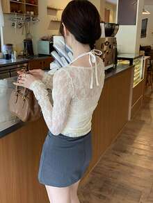 2 件套：甜美性感透明蕾丝挂脖系带上衣和无袖背心，女士夏季新品 - 杏色 - 查看 6