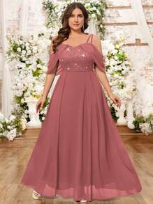 Colorblock Sequin Off-Shoulder Chiffon Formal Party Maxi Dress, Elegant Ball Gown, Wedding Guest Dress, Graduation Ceremony, Banquet, Evening Gown - Dusty Pink - View 9