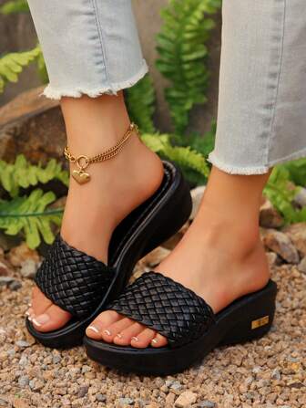 Platform Wedge Woven Sandals For Women, Casual Fashion Summer Beach Shoes To Wear With Dresses