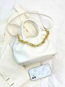 新款高端小众百搭粗链纯色 PU 皮革水桶包，简约大容量旅行度假斜挎包，时尚户外购物手机零钱包，优雅商务通勤办公手提包，女士单肩包 - 彩色 - 查看 7