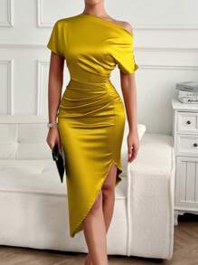 Women Solid Color Asymmetrical Shoulder Short Sleeve Casual Mid-Length Dress, Party Dress, Wedding Guest Dress - Mustard Yellow - View 5