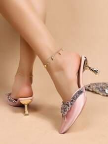 2025秋冬新款女士优雅蝴蝶结尖头高跟穆勒鞋，优雅，女士浅口鞋，猫跟鞋，派对装扮，尖头鞋，婚礼装扮 - 粉色 - 查看 7