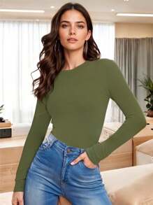 Fashion Women's Basic Slim Fit Long Sleeve Round Neck Blouse