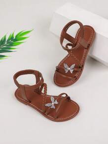 1 Pair Girls' Black Flat Sandals, Bow Decor Elastic Band Open Toe Sandals, Children Non-Slip Soft Sole Breathable Sandals, Comfortable Versatile Casual Sweet Princess Shoes For Summer - Brown - View 3