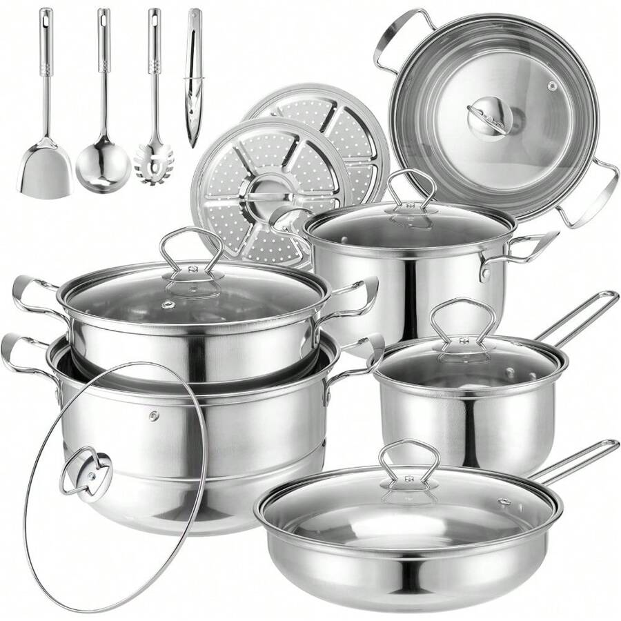 Batería de Cocina,18 PCS Juego de Ollas de Acero Inoxidable, Kitchen Cookware Set con Tapa de Vidrio, Adecuada para Cocina de Inducción, Estufa de Gas - 1 - Ver 1