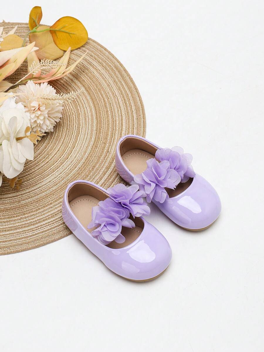 1双女童手工花朵绑带PU皮防滑圆头平底甜美柔软可爱新款韩版多巴胺小皮鞋芭蕾平底鞋 - 紫色 - 查看 1