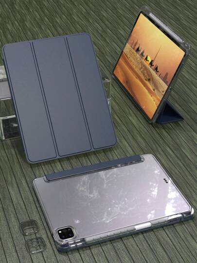 1个超薄透明三折iPad保护套，防震防摔支架，带笔槽，适用于iPad Mini 4/5/6、9.7/10.2/10.5英寸、Air 4/5/6/7、第十/十一代、Pro 11英寸、Air 11 (M2)、Air 13和Pro 11 (M4)，高透明度透明背板，可DIY定制 - 海军蓝