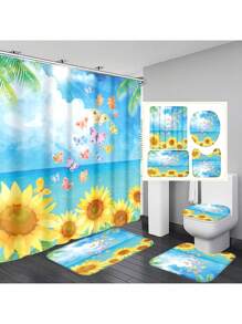 1 cái/4 cái Rèm tắm chống thấm nước đa chức năng họa tiết hoa hướng dương phong cách mùa hè có 12 móc, thảm chống trượt cho phòng tắm, thảm trải sàn hình chữ U, nắp bồn cầu tròn, bộ đồ dùng phòng tắm phù hợp với mọi tình huống - Nhiều màu - Xem 22