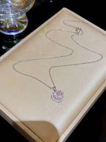 1pc Stainless Steel Zirconia Heart Shaped Delicate Necklace, Luxurious Chic For Women