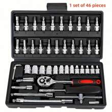 46 piezas Juego de herramientas de reparación automotriz multifuncional, incluye juego de llaves de trinquete, zócalos, 1/4" de accionamiento, barras de extensión de acero al cromo vanadio, para mantenimiento de automóviles y uso doméstico - Estructura enchapada en acero