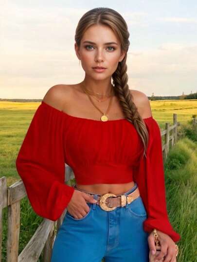 Blusa Crop Top Campesina de Hombros Descubiertos y Manga Larga Holgada para Mujer