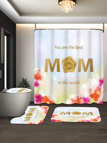 1/4pcs Mother's Day Floral, Heart, Letter Print Waterproof Bathroom Curtain Set With 12 Hooks, Includes Shower Curtain, Toilet Mat, U-Shaped Mat, Modern Bathroom Decor, Washable Polyester, Suitable For Hotel, Apartment, Home
