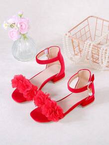 1 Pair Girls' Fashionable And Cute Red Flower High Heel Sandals, Suitable For Summer