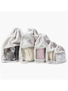 5pcs Vercord Travel Shoe Bag Dustproof Handbag Storage Bag Suede Fabric With PVC Clear Window Drawstring Brown - Multicolor - View 5